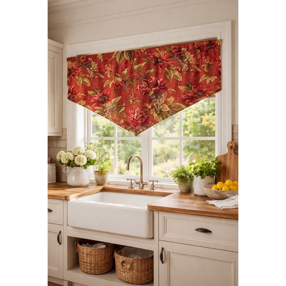 Croscill Serena Valance Red Floral 40x23 Country Cottage Window Curtain